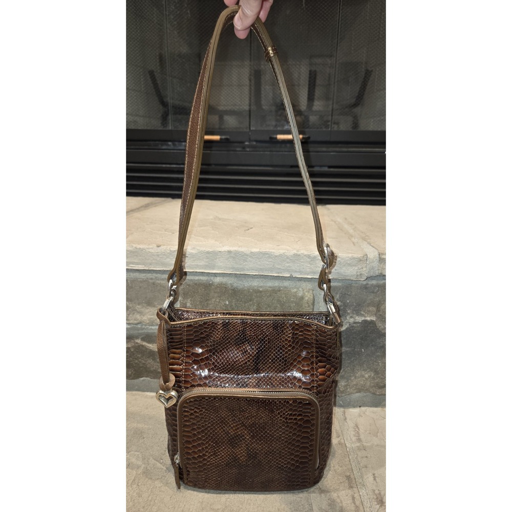 BRIGHTON Brown Patent Leather Snakeskin Print Purse Shoulder Bag E440380 w Charm - Picture 3 of 8